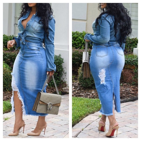 Dresses & Skirts - Distressed Open-Leg Denim Midi Skirt